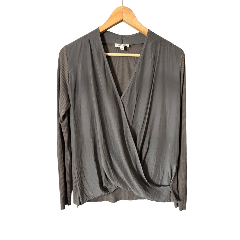 Barneys New York Grey Surplice Wrap Front Mixed Media Ribbed Top Size S